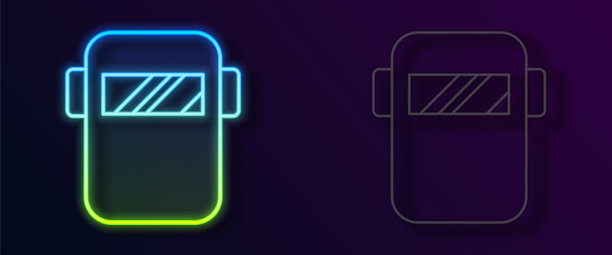 发光霓虹线保护焊接面罩头盔图标孤立在黑色背景上。防护服和工具工人。向量图片下载