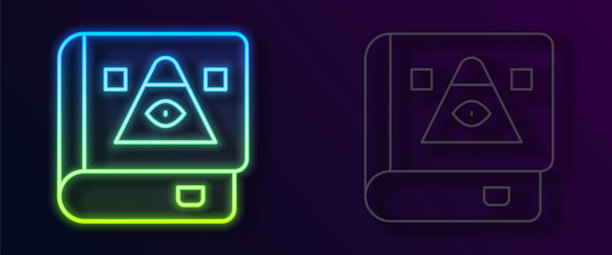 发光的霓虹灯线与炼金术食谱和神秘咒语和魔法图标孤立在黑色背景古代魔法书。向量图片下载