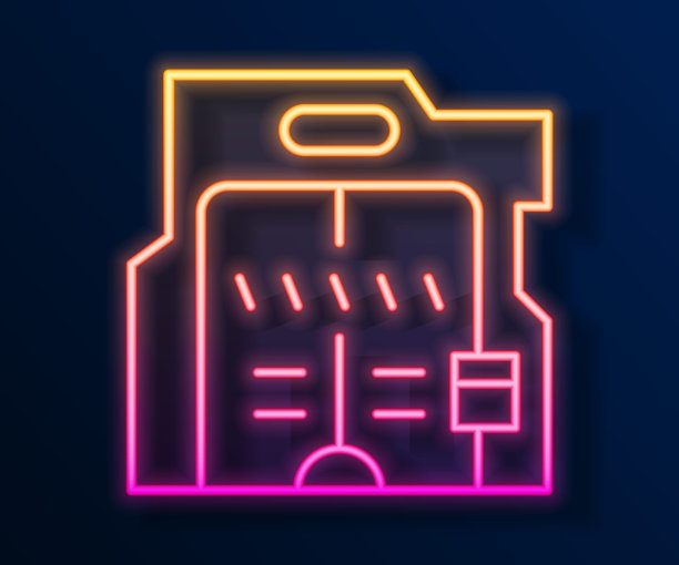 发光的霓虹灯线未来主义滑动门图标孤立在黑色背景。向量图片下载