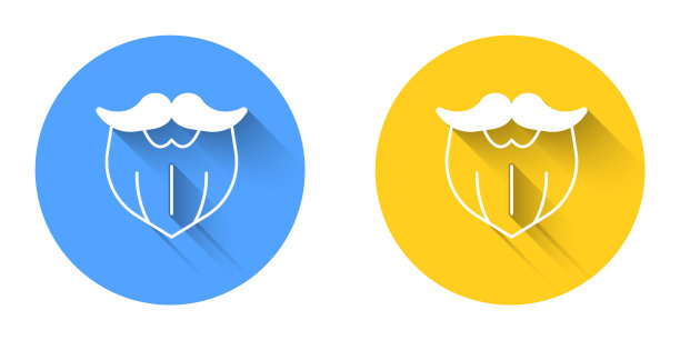 白色胡子和胡子图标孤立与长阴影背景。理发店的标志。面部发型。圆按钮。向量图片下载