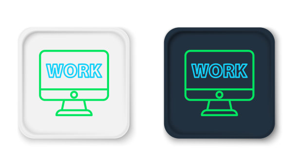 行计算机显示器与文本工作图标孤立在白色背景上。色彩斑斓的轮廓的概念。向量图片下载