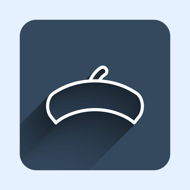 白线法国贝雷帽图标孤立与长阴影背景。蓝色方块按钮。向量图片下载