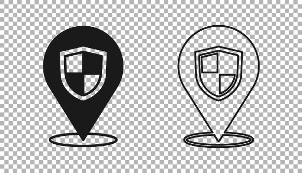 黑色位置屏蔽图标孤立在透明背景上。保险的概念。警卫队的迹象。安全、安全、保护、隐私理念。向量图片下载