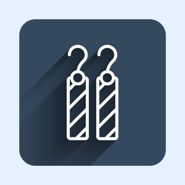 白线耳环图标孤立与长阴影背景。珠宝配饰。蓝色方块按钮。向量图片下载