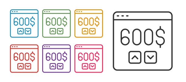 设置行监视器与美元图标孤立在白色背景上。在世界各地汇款，汇款，网上银行，金融交易。设置图标丰富多彩。向量图片下载