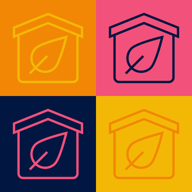 波普艺术线生态友好的房子图标孤立的颜色背景。用树叶做的生态房子。向量图片下载