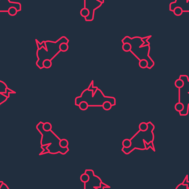 红色线电动汽车和电线插头充电图标孤立无缝图案在黑色背景上。可再生环保技术。向量图片下载