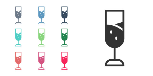 黑色玻璃的香槟图标孤立在白色背景上。圣诞快乐，恭贺新禧。设置图标丰富多彩。向量图片下载