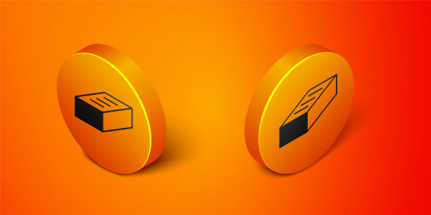 在橙色背景上孤立的等距砖图标。橙色圆按钮。向量图片下载