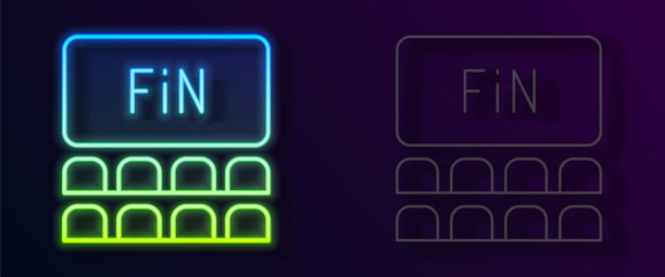 霓虹灯线影院礼堂与屏幕图标孤立在黑色背景。向量图片下载