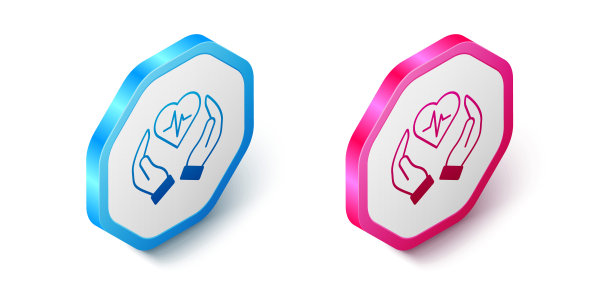 等距人寿保险图标孤立在白色背景上。安全，安全，保护，保护理念。六角按钮。向量图片下载