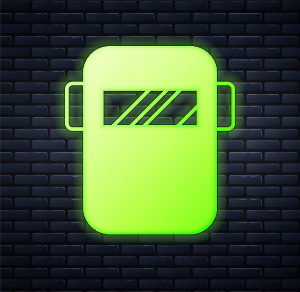 霓虹灯保护焊接面罩头盔图标孤立在砖墙背景上。防护服和工具工人。向量图片下载