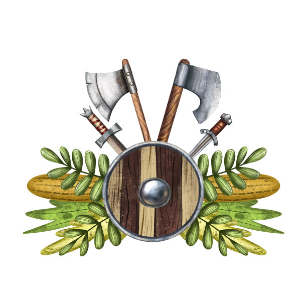 维京人的手臂。可爱的卡通风格的艺术。维京人的斧头，锤子和盾。海盗党装饰。古老的斯堪的纳维亚传统项目。卡片和打印插图。图片下载