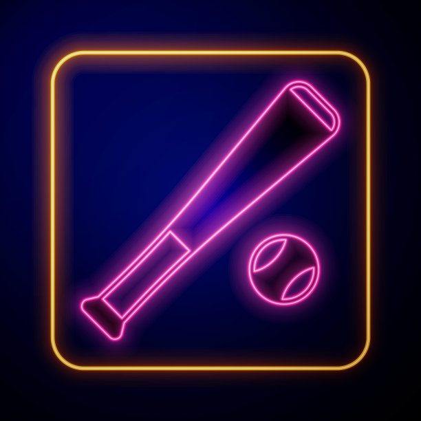 发光霓虹灯棒球棒与球图标孤立在黑色背景。向量图片下载