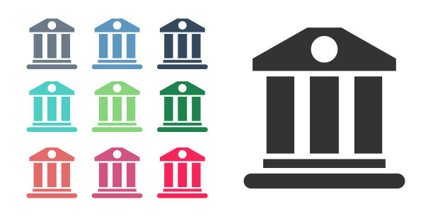 黑色银行建筑图标孤立在白色背景上。设置图标丰富多彩。向量图片下载