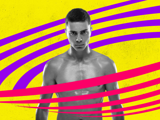 专业男性肌肉运动员在明亮的抽象背景。当代创意艺术拼贴。灵感、理念、运动、时尚和风格。图片下载