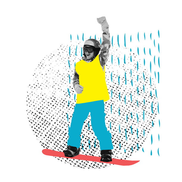 当代艺术拼贴。创造性的作品。激动的职业运动员，滑雪板女运动员在滑雪板运动服装孤立明亮的背景。图片下载