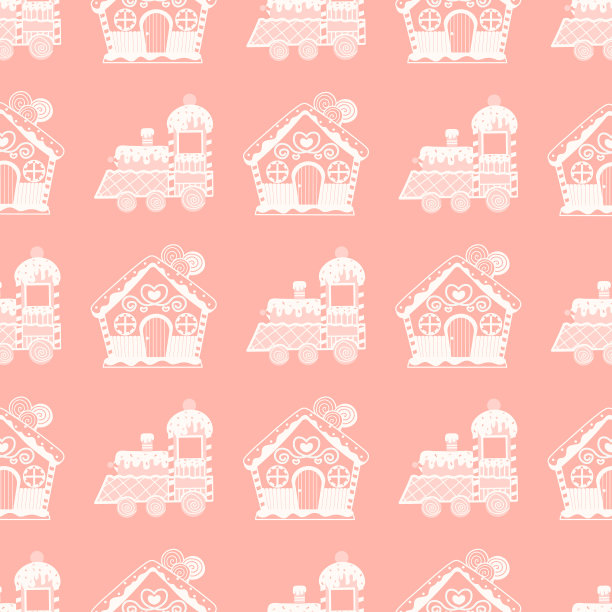 手绘的圣诞图案与甜甜的姜饼屋和浅粉色背景的火车机车图片下载