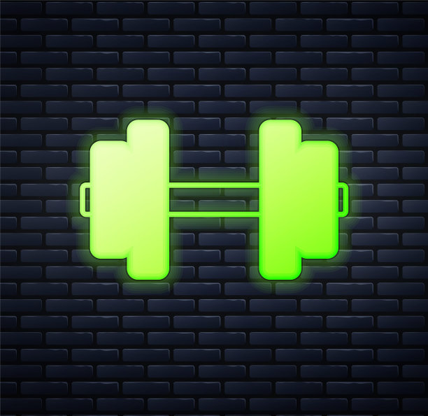 发光的霓虹灯哑铃图标孤立在砖墙背景。肌肉举重、健身杠铃、运动器材。向量图片下载