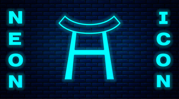 发光的霓虹灯日本门图标孤立在砖墙背景上。鸟居的迹象。日本传统经典大门符号。向量图片下载