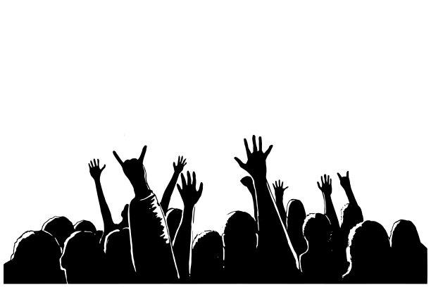 人们的剪影，音乐会的观众。舞台前挤满了歌迷。矢量插图。图片下载