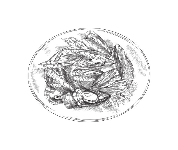 盘子上的贻贝，美味的海鲜菜在单色草图风格-矢量插图孤立在白色背景上。图片下载