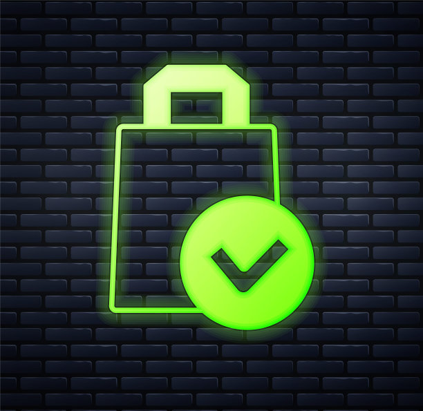 发光的霓虹灯纸购物袋图标孤立在砖墙背景。包的迹象。向量图片下载