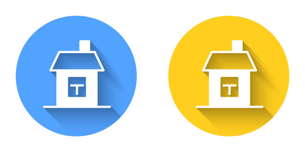 与长阴影背景隔离的白宫图标。家的象征。圆按钮。向量图片下载