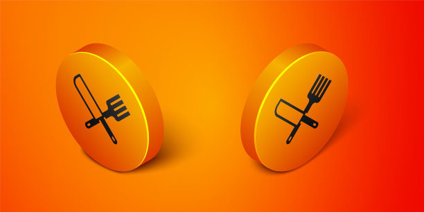 等距交叉刀和叉图标孤立在橙色背景。餐具的象征。橙色圆按钮。向量图片下载