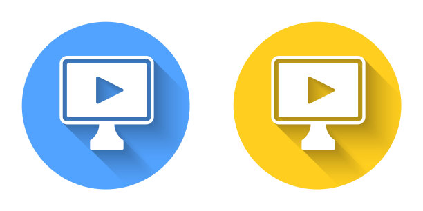 白色在线播放视频图标孤立与长阴影背景。带游戏标志的电影带子。圆按钮。向量图片下载