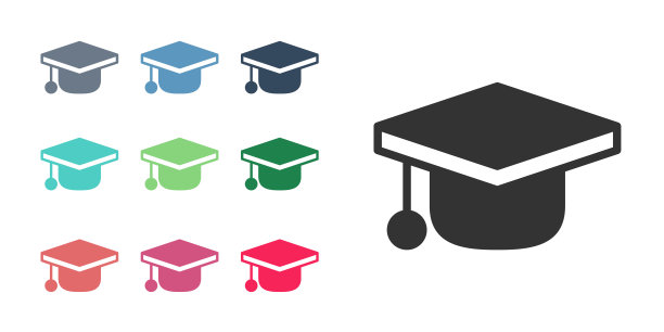 黑色毕业帽图标孤立在白色背景上。毕业帽与流苏图标。设置图标丰富多彩。向量图片下载