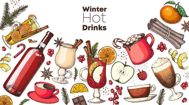 热饮料。热酒，冬季热饮俯视图。手绘。矢量插图。圣诞设计模板。素描的收藏。圣诞菜单栏。热葡萄酒、咖啡和茶。包装设计图片下载