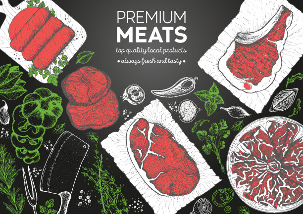 肉类和香肠顶视图框架。矢量插图。雕刻设计。手绘插图。肉制品设计模板。图片下载