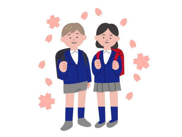 小学男生和女生背着书包，樱花飞舞图片下载