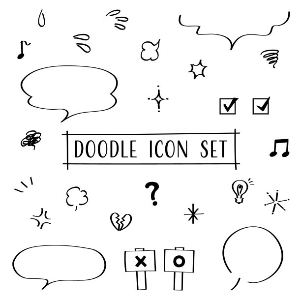 可爱的涂鸦图标集，包括演讲气球(白色背景，矢量，剪切)图片下载