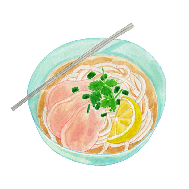水彩插图河粉与柠檬，白菜，和鸡肉图片下载