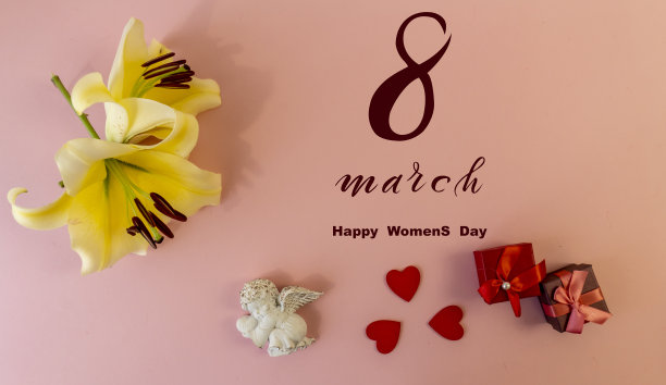 三八国际妇女节!平躺，横幅，贺卡和鲜花从3月8日。图片下载