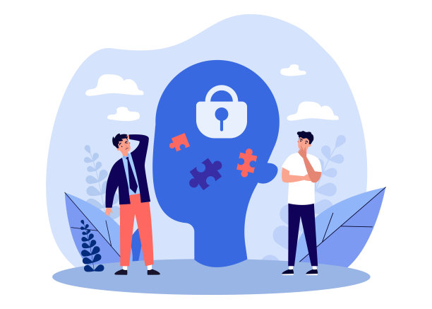 迷惑的小人和大脑袋，带着拼图和锁图片下载