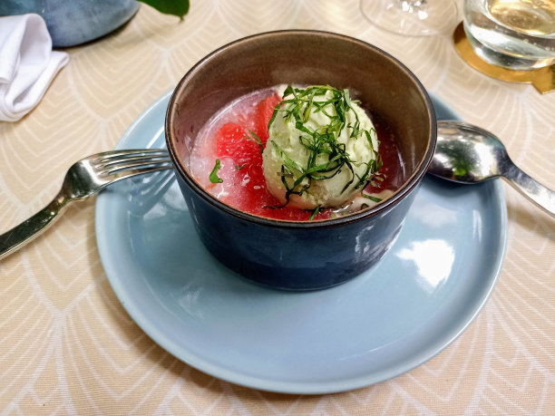 原始的紫苏冰淇淋在葡萄柚汤的开胃菜的照片图片下载