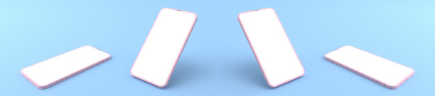 3D渲染模型粉红色的智能手机白色屏幕在蓝色的地板上，粉红色的手机躺在地上。智能手机的白色屏幕可用于商业广告，孤立于蓝色背景图片下载