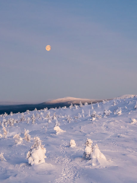 白雪覆盖的山坡上，一轮红月，冷月。冬季的极地景观有锥形山。寒冷的冬天的天气。严酷的北方气候。简约的俯视图。图片下载