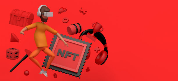 男子漂浮使用虚拟现实耳机和获得不可替代的代币，非功能性电子游戏。副本的空间。3 d演示。卡通。图片下载