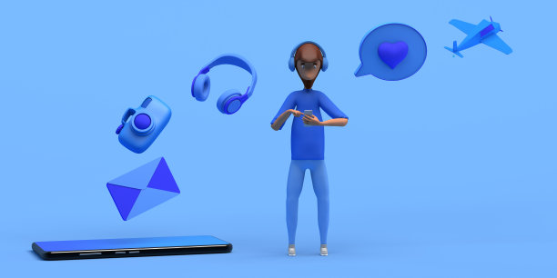 智能手机应用的概念与男子使用智能手机和巨大的图标。副本的空间。3 d演示。卡通。图片下载