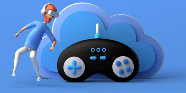 男子漂浮在云端，带着虚拟现实耳机和游戏机控制器玩游戏。副本的空间。3 d演示。卡通。图片下载