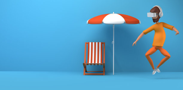 男子漂浮使用虚拟现实耳机与沙滩伞和沙滩椅。虚拟旅游。副本的空间。3 d演示。卡通。图片下载