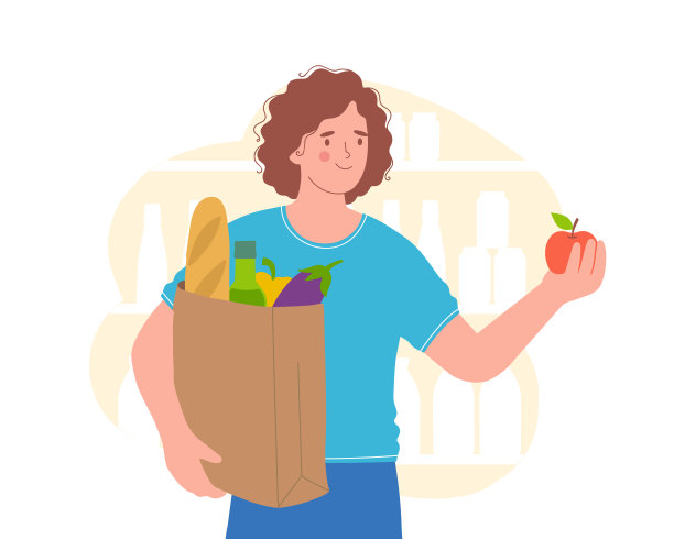 年轻女子拿着一袋天然产品。商店里的女人正在囤积食物。健康饮食的概念素材图片