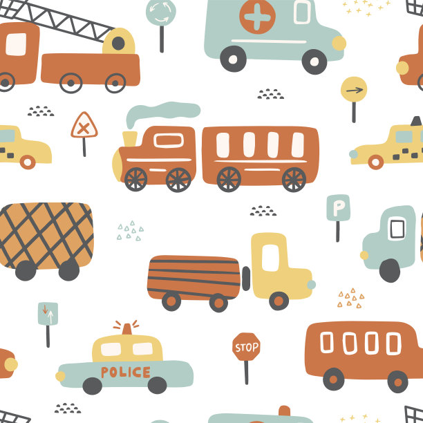 五颜六色的汽车和路标上幼稚的无缝图案。图片下载