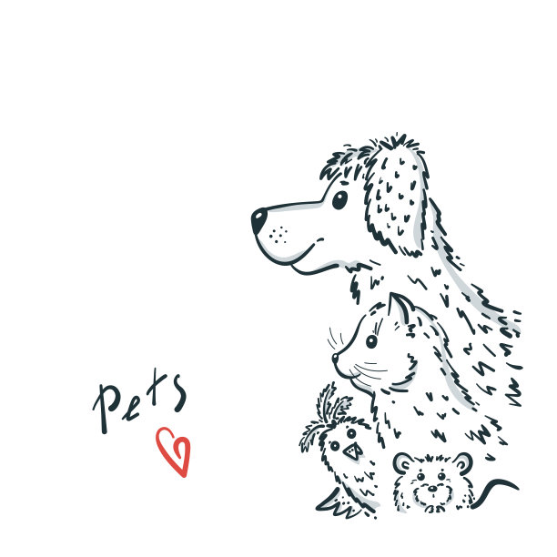 向量的宠物。狗，猫，仓鼠和鸟。宠物店标志设计，兽医诊所或无家可归的动物收容所。大纲说明图片下载