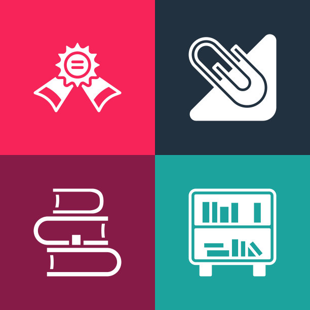 设置流行艺术书架与书，书，回形针和奖章图标。向量图片下载