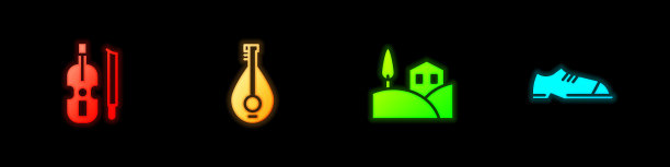 设置小提琴，曼陀林，村庄景观和男子鞋图标。向量图片下载